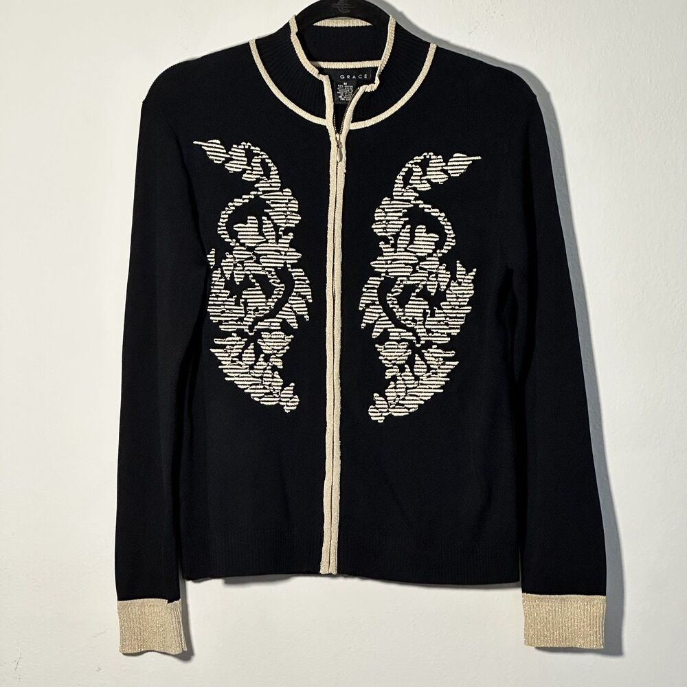 Grace‎ Knit Embroidered Flower Cardigan Sweater Full Zip Gold Trim Women Medium